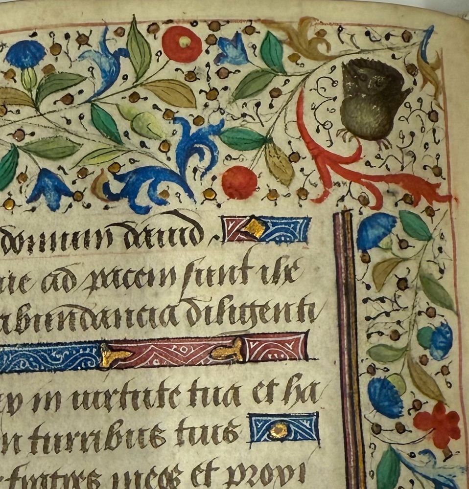 A marginal owl in the corner of a book of hours from Besançon, ca. 1470 (Morgan MS M.28)