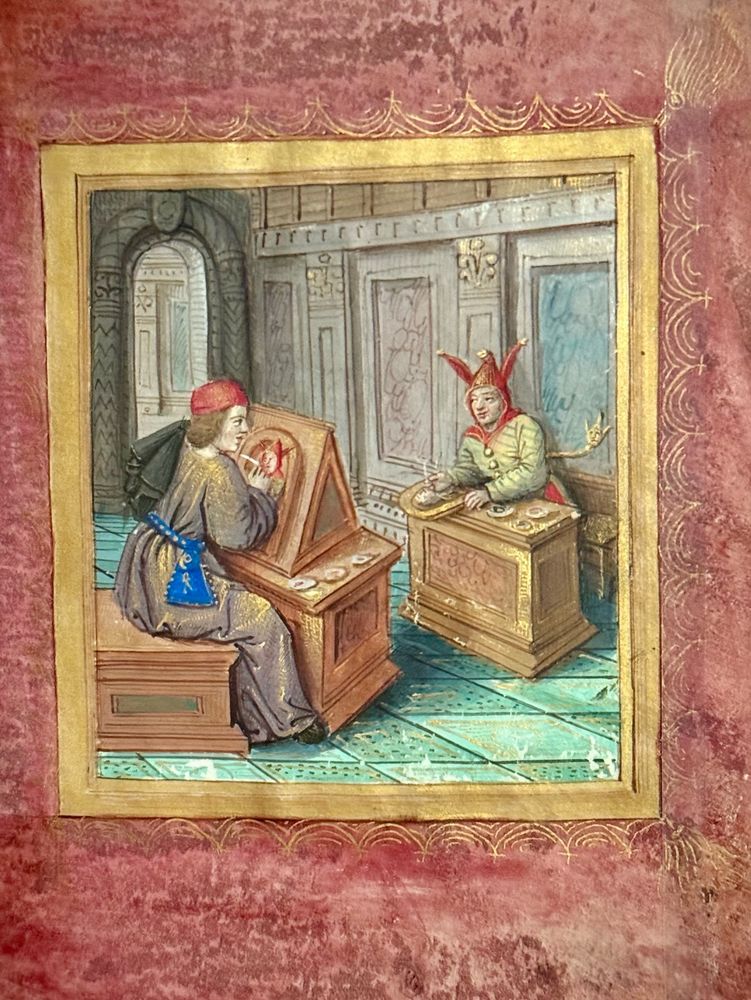 A miniature showing an artist painting a fool, and a fool painting an artist from Pierre Sala’s Little Book of Love (British Library Stowe MS 955)