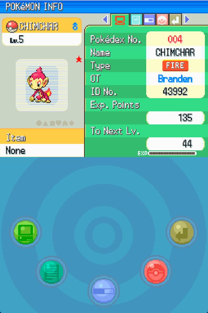 A screenshot of the pokemon info screen in Pokemon Platinum, the info screen shows a Chimchar, who is a shiny Chimchar, and is also a little baby
