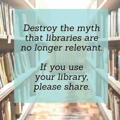 Destroy the myth that libraries are no longer relevant. 

If you use your library, please share. 

Picture of library aisle filled with books. 