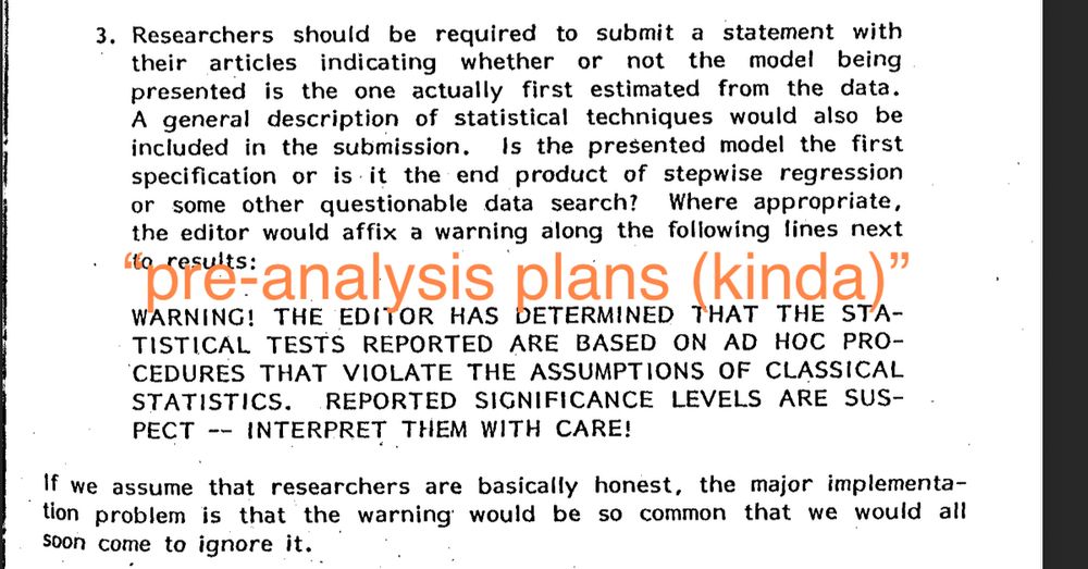 Researchers should be required to submit a statement with
indicating
their articles indicating whether or not the model being presented is the one actually first estimated from the data.
A general description of statistical techniques would also be included in the submission. Is the presented model the first specification or is it the end product of stepwise regression or some other questionable data search? Where appropriate, the editor would affix a warning along the following lines next to results: