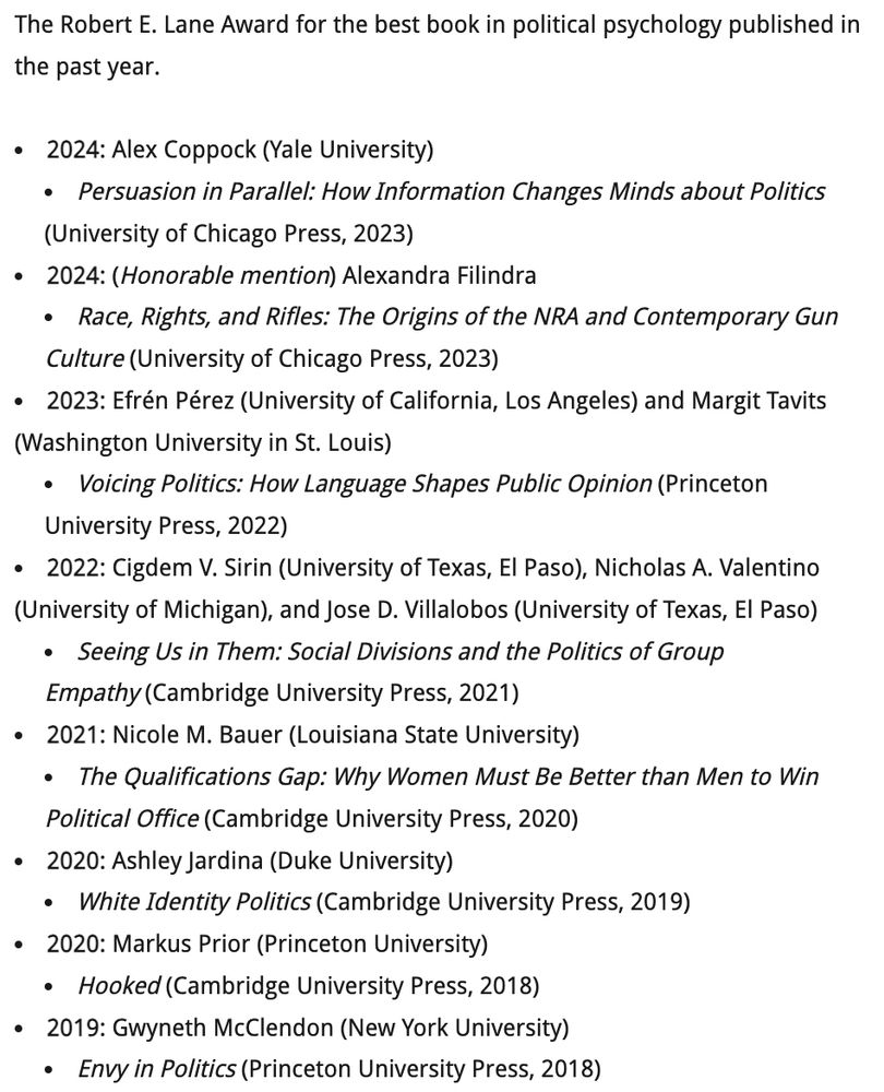 The Robert E. Lane Award for the best book in political psychology published in the past year.

2024: Alex Coppock (Yale University)
Persuasion in Parallel: How Information Changes Minds about Politics (University of Chicago Press, 2023)
2024: (Honorable mention) Alexandra Filindra
Race, Rights, and Rifles: The Origins of the NRA and Contemporary Gun Culture (University of Chicago Press, 2023)
2023: Efrén Pérez (University of California, Los Angeles) and Margit Tavits (Washington University in St. Louis)
Voicing Politics: How Language Shapes Public Opinion (Princeton University Press, 2022)
2022: Cigdem V. Sirin (University of Texas, El Paso), Nicholas A. Valentino (University of Michigan), and Jose D. Villalobos (University of Texas, El Paso)
Seeing Us in Them: Social Divisions and the Politics of Group Empathy (Cambridge University Press, 2021)
2021: Nicole M. Bauer (Louisiana State University)
The Qualifications Gap: Why Women Must Be Better than Men to Win Political Office (Cambridge University Press, 2020)
2020: Ashley Jardina (Duke University)
White Identity Politics (Cambridge University Press, 2019)
2020: Markus Prior (Princeton University)
Hooked (Cambridge University Press, 2018)
2019: Gwyneth McClendon (New York University)
Envy in Politics (Princeton University Press, 2018)