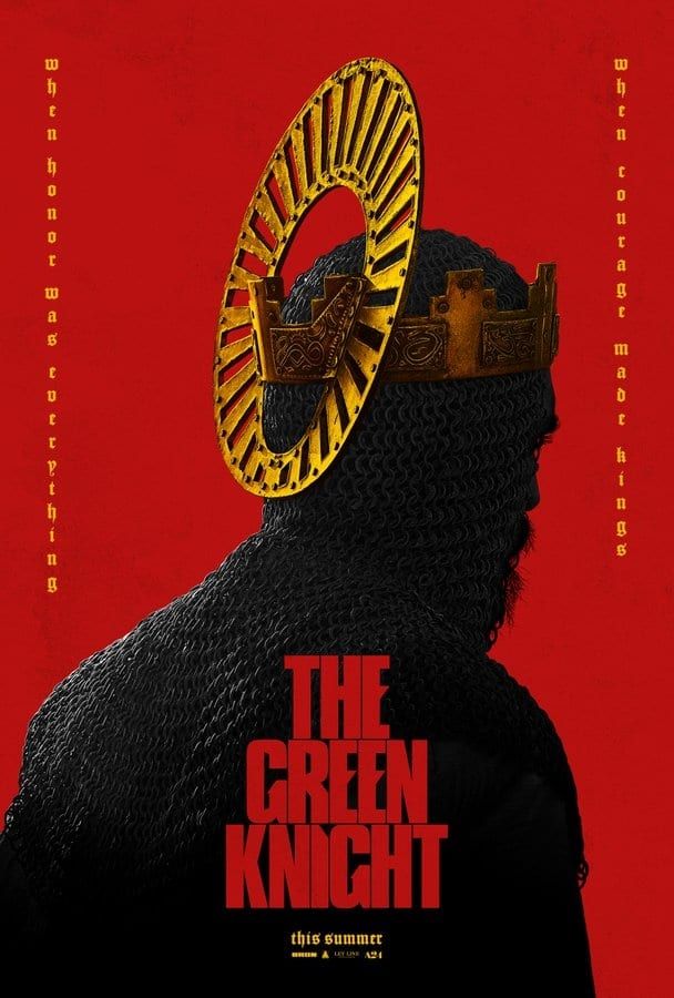 Theatrical poster for The Green Knight, a photo with a bright red baclground and the crowned protagonists profile turned away from the camera, with a radial sunray crown