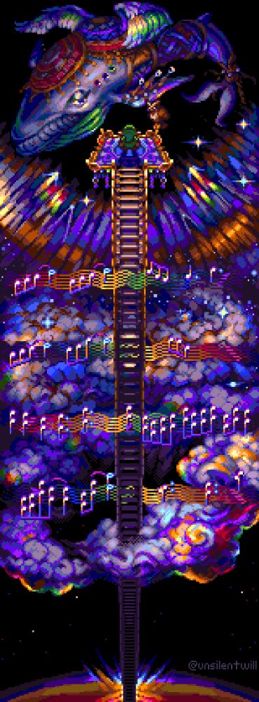 Pixel art redesign of the final scene of The Legend of Zelda: Link's Awakening. A mysterious ornate staircase climbs through shimmering clouds as a rainbow scale of music plays the song that wakes the dreaming Wind Fish, pictured as a decorated winged whale in a circle of light at the top of the staircase