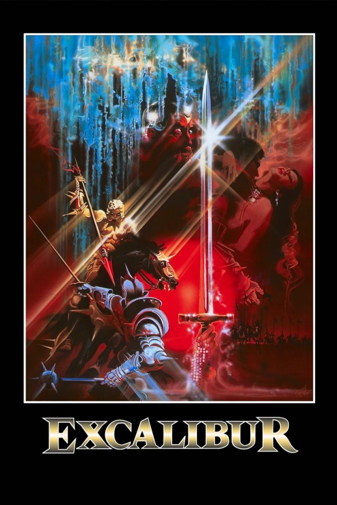 Theatrical poster for the film Excalibur, illustrated with bright light rays, deep blue and red with a long sword pointed upwards