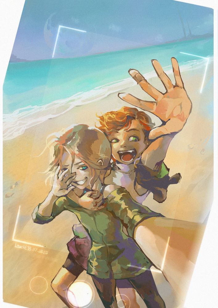 phone camera pov of two person having fun at the beach, doing a wefie