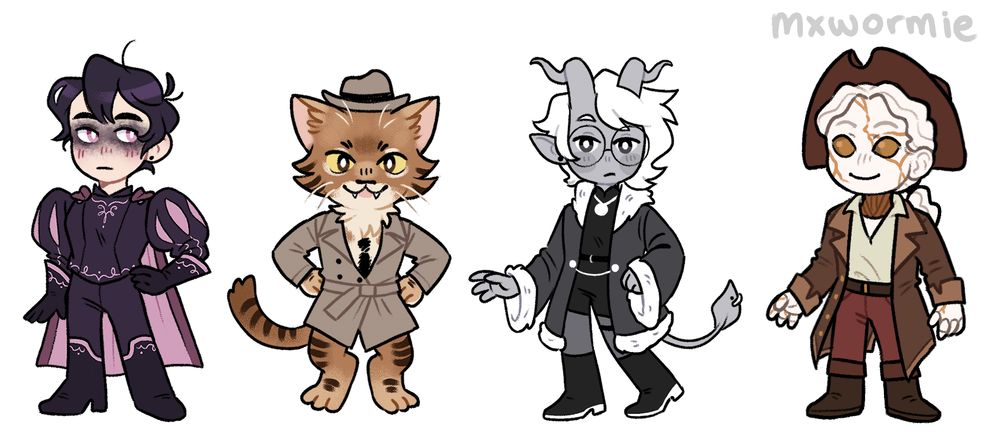 4 dnd characters in a row drawn in a chibi style; from left to right: an aasimar with pale skin and short dark hair wearing black princely clothes, a tabaxi with brown striped fur wearing a hat and trenchcoat, a tiefling with grey skin with chin legth white hair wearing black and white clothes, and a warforged with a kintsugi inspired design wearing a hat and pirate-like clothing