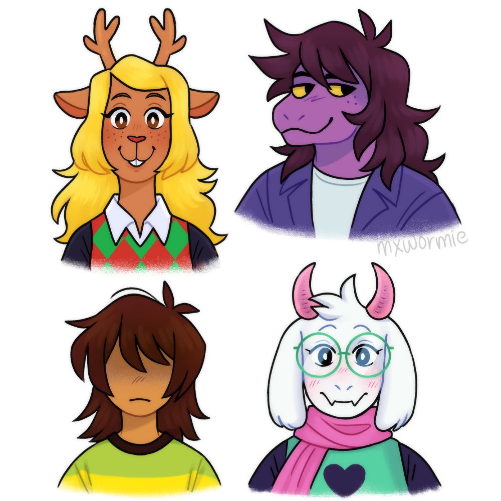 bust drawings of noelle, susie, kris, and ralsei from deltarune