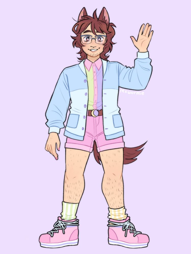 a drawing of a werewolf/shifter guy with pale skin and scruffy brown hair, wearing glasses and a pastel pink/purple/blue/green outfit