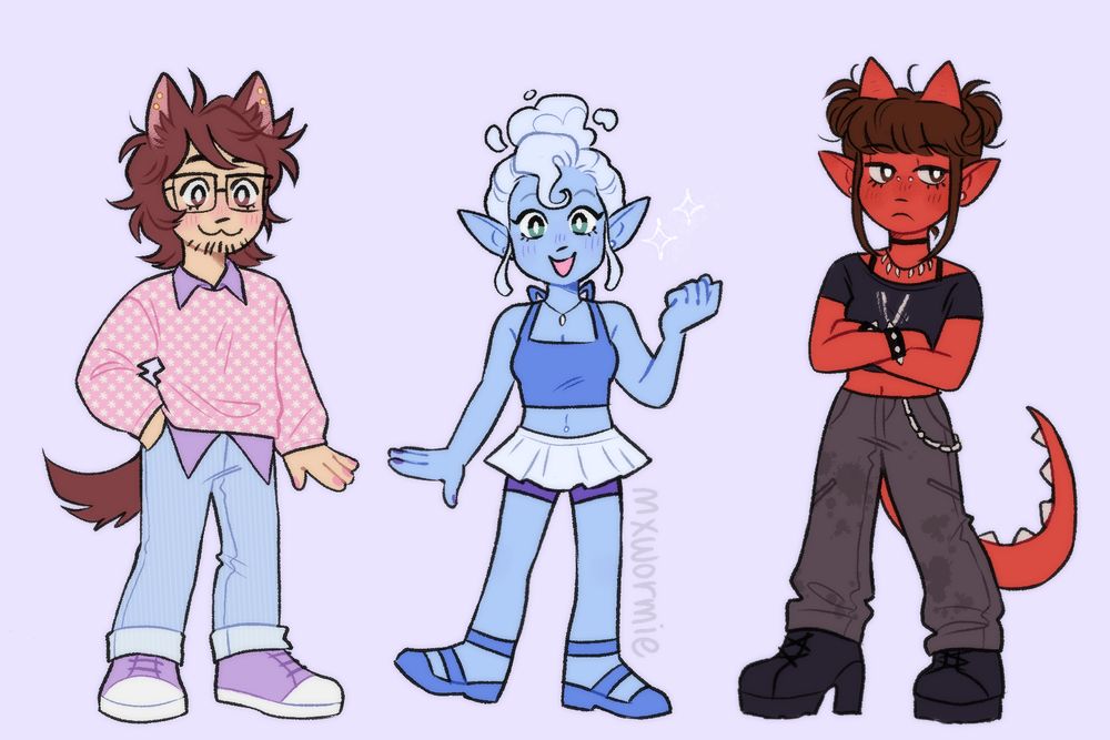 a drawing of 3 ocs; a werewolf boy with pale skin, fluffy brown hair, wearing glasses, and a pink sweater over a purple button up, light blue jeans, and purple shoes; an air genasi girl with light blue skin, cloud like puffy white hair up in a bun, wearing a blue halter top, white skirt with purple shorts, and blue strappy shoes; and a red tiefling girl with short pointed horns, with brown hair in twin buns, wearing a black crop tee with grey baggy jeans and tall black boots.