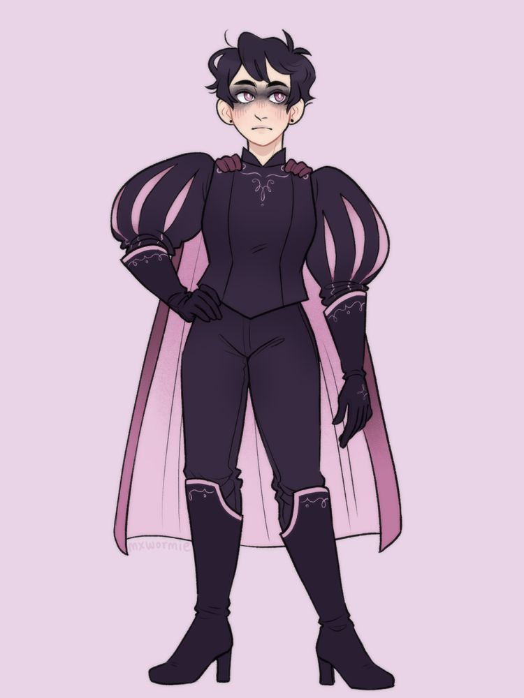 a drawing of a pale woman with short black hair and smudgy black makeup around her eyes, wearing a princely black outfit with pale pink accents