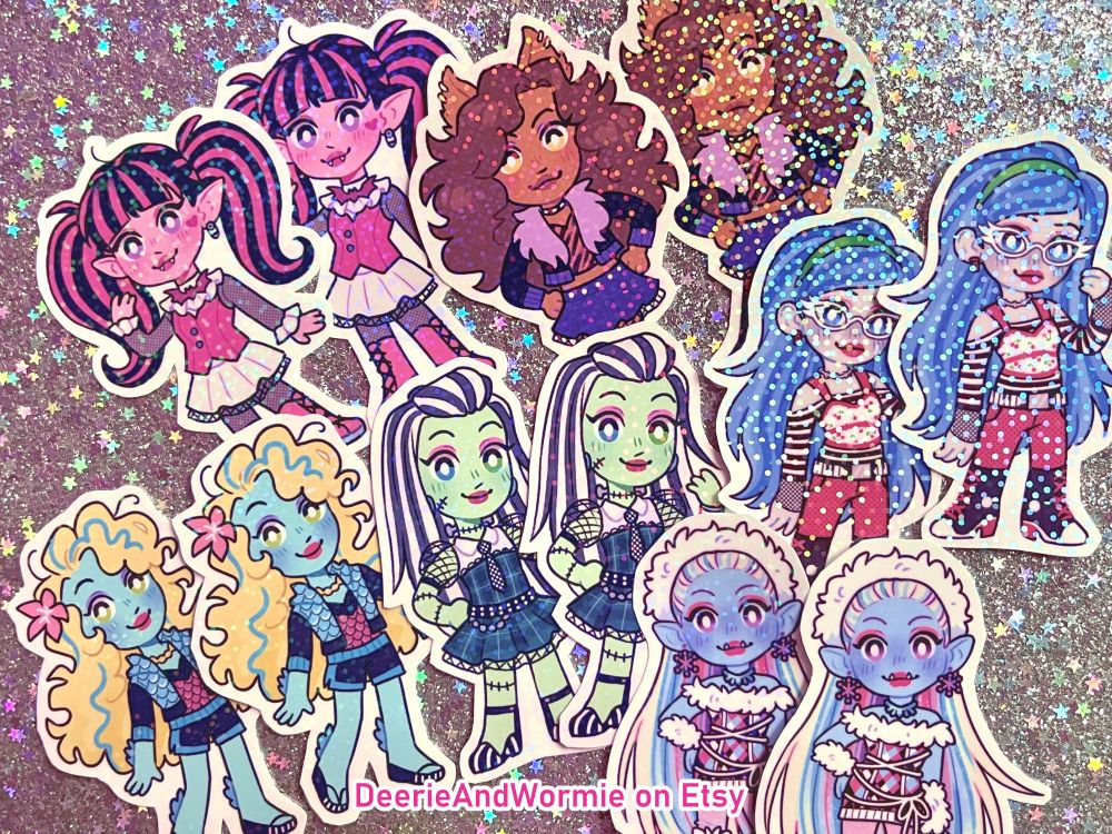 a photo of a pile of glitter finish monster high stickers with text that says "DeerieAndWormie on Etsy"