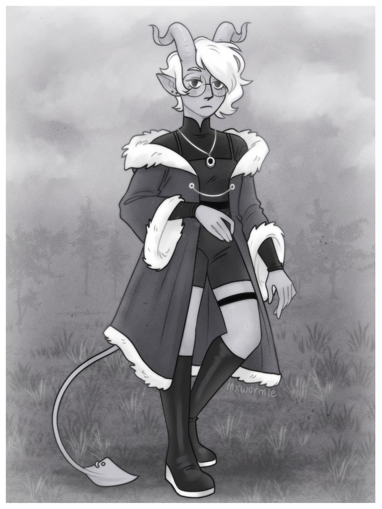 a drawing in the style of an antique photograph of a tiefling with grey skin and white hair, wearking round glasses and a black/dark grey outfit lined with white fur