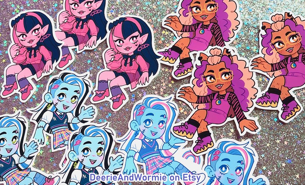 a photo of a pile of monster high stickers with text that says "DeerieAndWormie on Etsy"