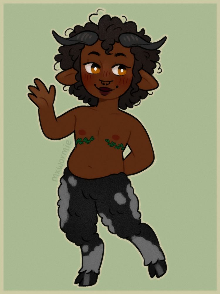 a drawing of a satyr character with dark brown skin and coily black hair, with grey twisted horns, black/grey fluffy legs, and leafy top scars