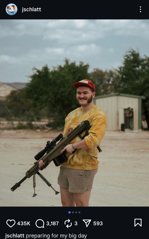 a screenshot of jschlatt's Instagram. schlatt is holding a scoped rifle with a bipod. the caption reads "preparing for my big day". the date totally isn't cropped out don't worry about when it was uploaded 
