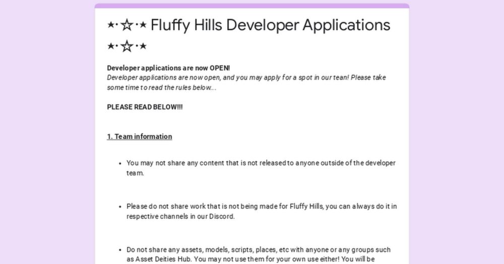 ⋆⋅☆⋅⋆ Fluffy Hills Developer Applications  ⋆⋅☆⋅⋆