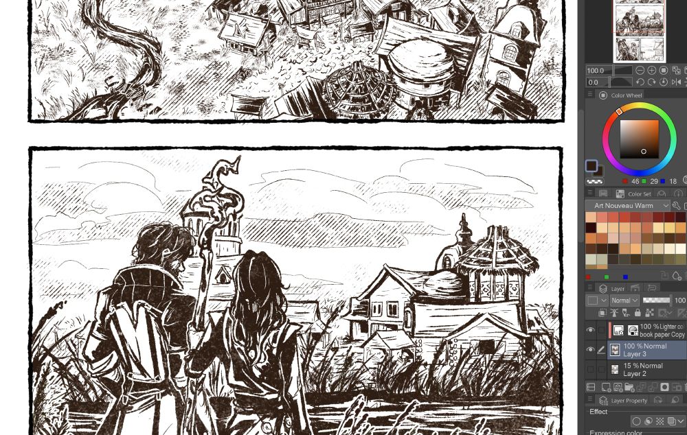 a wip shot of the next que pages, viktor and jayce are looking at a village in the near distance. there are inks roughed in but no shading and its been Several Weeks of me trying to get this one page finished.