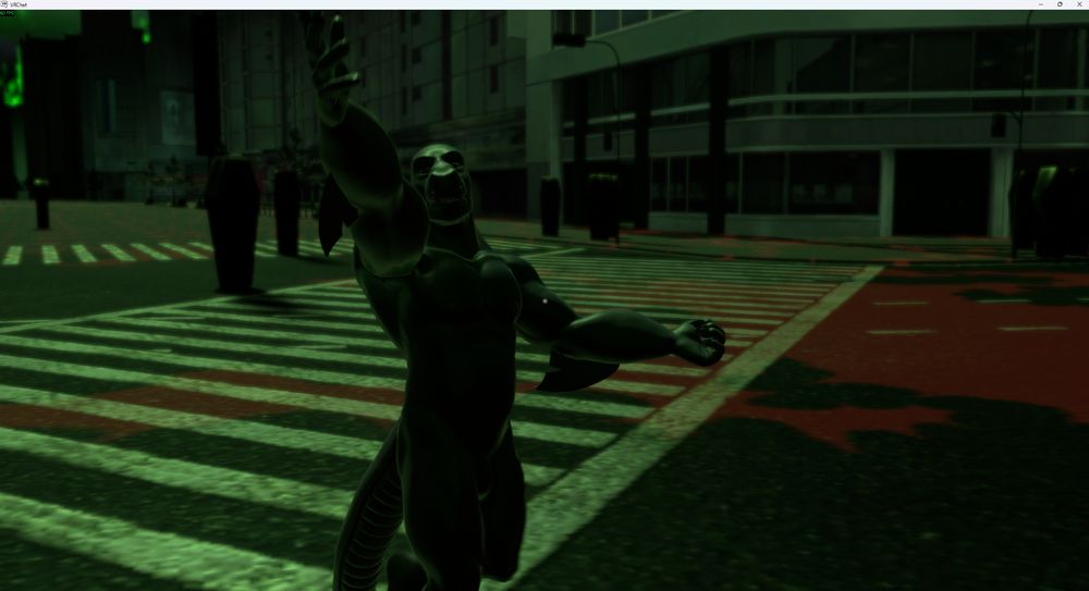 A screenshot from VRChat of Duga dancing in the middle of Port Tatsumi Island from Persona 3 during the midnight hour. The moonlight is casting a green and there's pools of blood on the road alongside coffins standing upright.