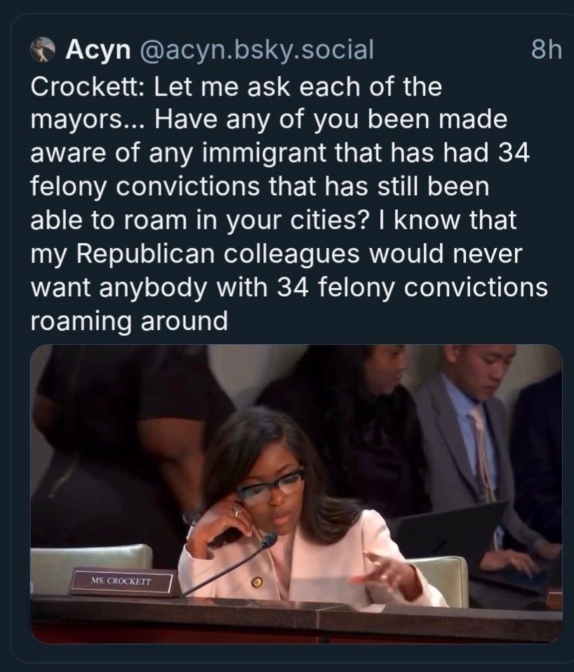 Crockett: Let me ask each of the mayors... Have any of you been made aware of any immigrant that has had 34 felony convictions that has still been able to roam in your cities? I know that my Republican colleagues would never want anybody with 34 felony convictions roaming around

MS. CROCKETT