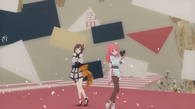 two anime girls are dancing in front of a wall with chinese characters