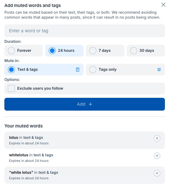 Bluesky mute settings showing several variations of “white lotus” muted in text and tags for 24 hours.