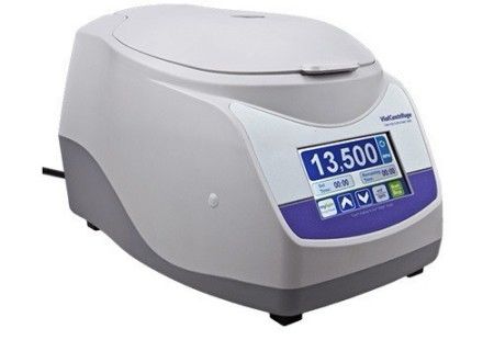 Benchtop vial micro-centrifuge (grey with blue control panel) for 12 x 32mm autosampler vials.