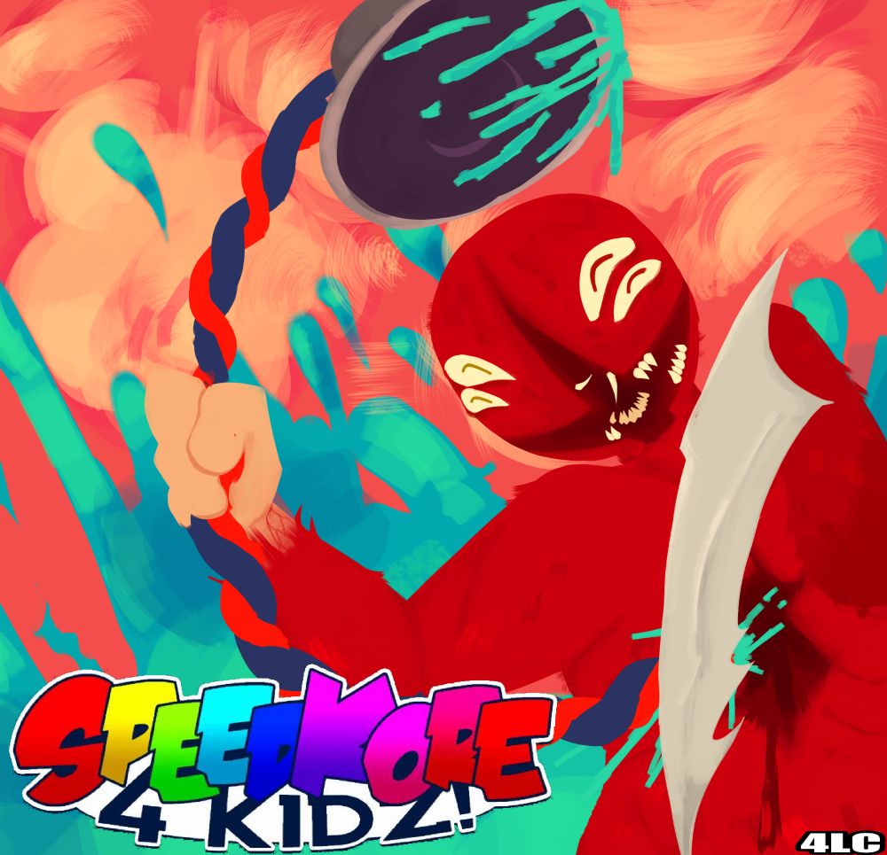 A drawing of demon Alex over the SPEEDKORE 4 KIDZ album by The Quick Brown Fox