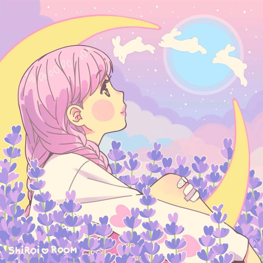 Girl with pink hair and two braids sitting in a lavender field with the moon by her side. She’s looking at the sky where there’s clouds, a celestial body and jumping rabbits