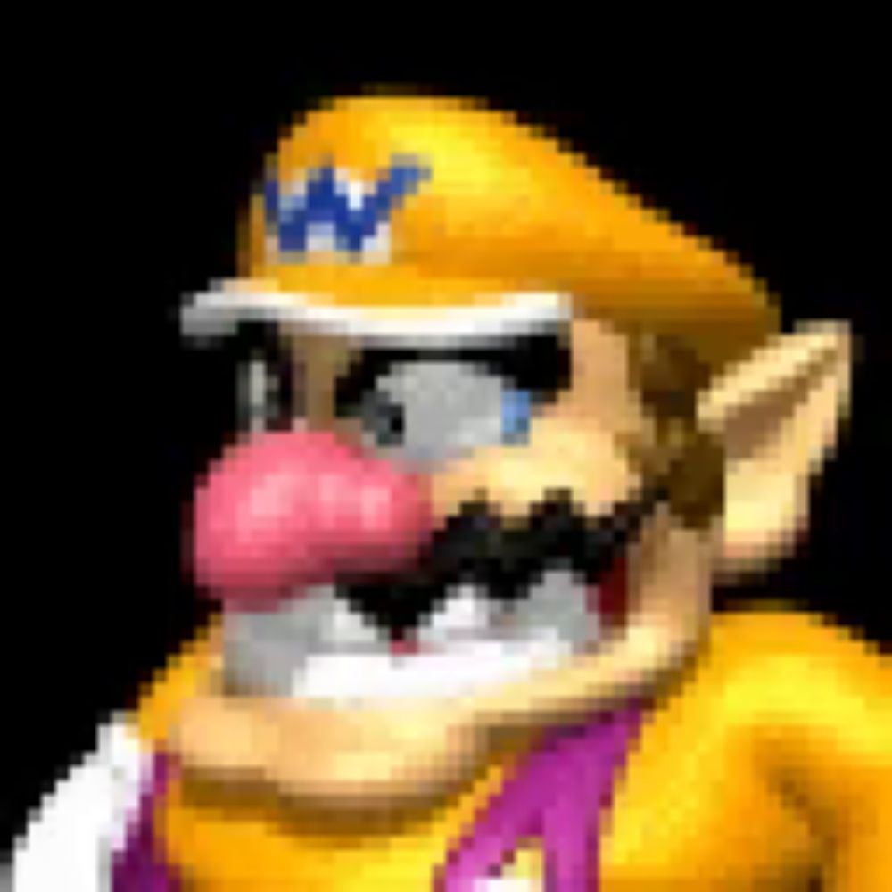 a pixel art of wario wearing a yellow hat and sunglasses .