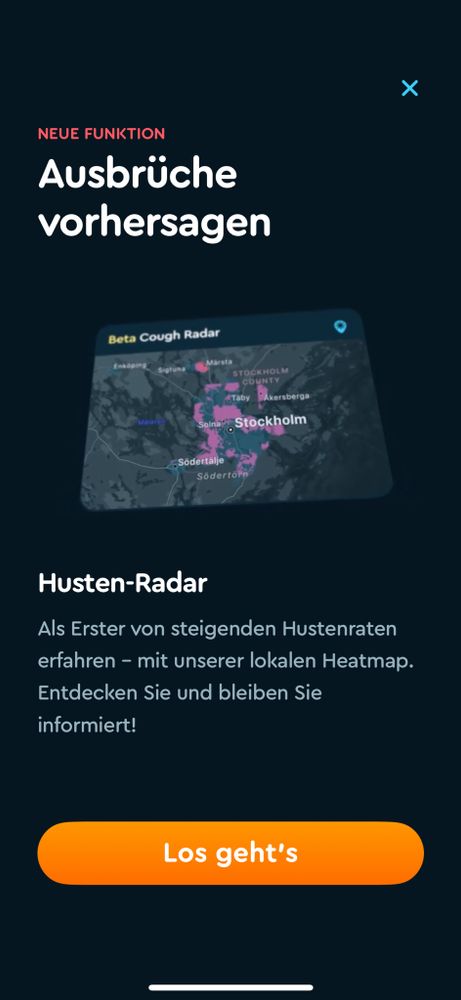 Neue Funktion in SleepCycle. Ausbrüche vorhersagen. Husten-Radar. „Als erster von steigenden Hustenraten erfahren - mit unserer lokalen Heatmap. Entdecken sie und bleiben sie informiert.“