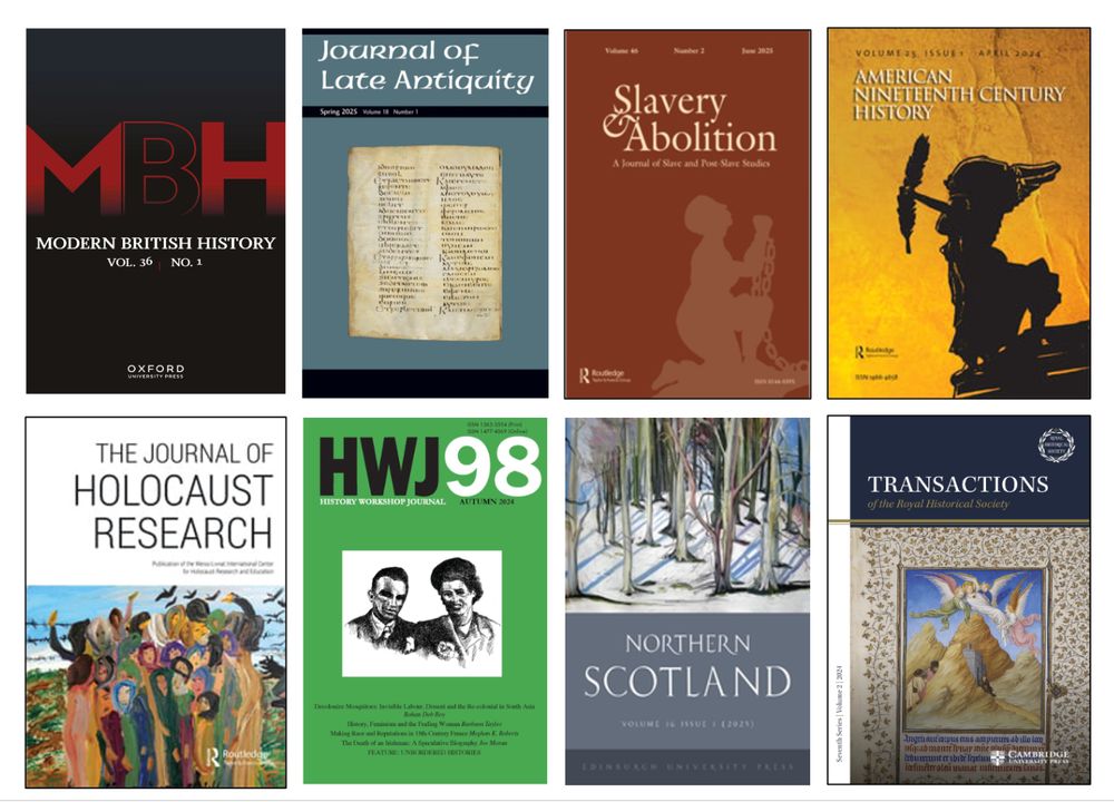 Image of the covers of eight academic journals in which are published the shortlisted articles for the 2025 RHS Early Career Article Prize.