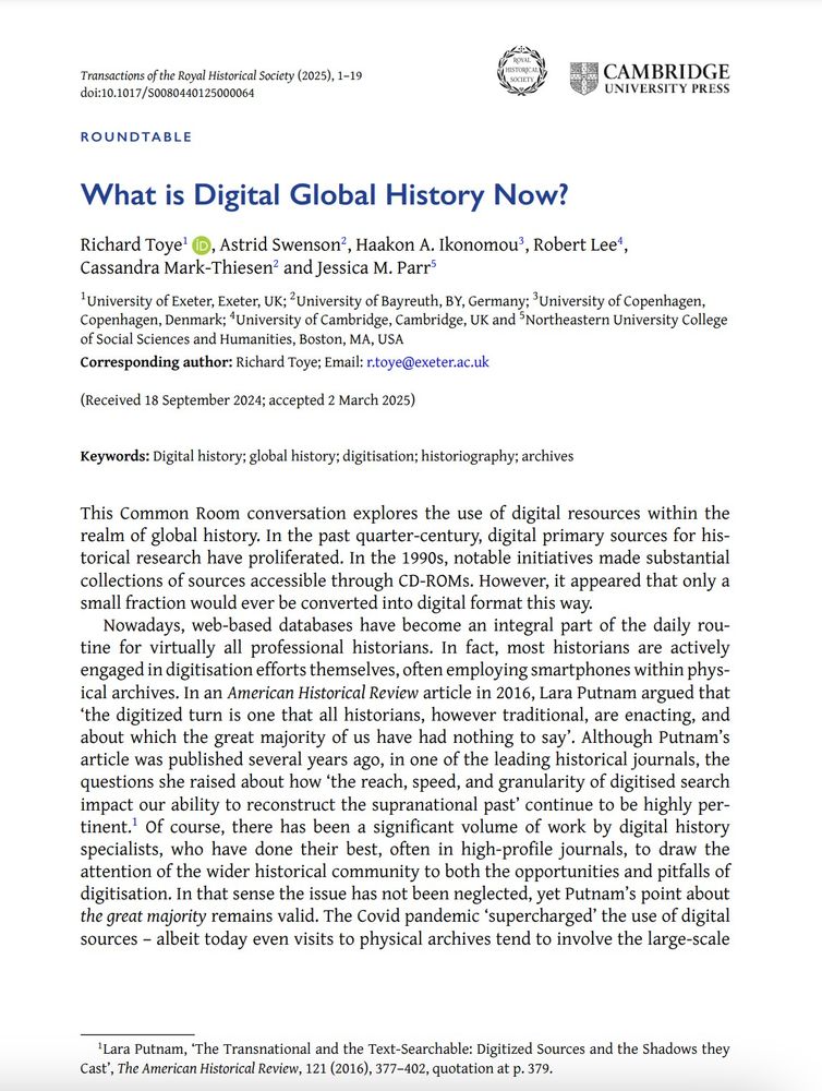 Opening page for Transactions article: 'What is Digital Global History Now?'