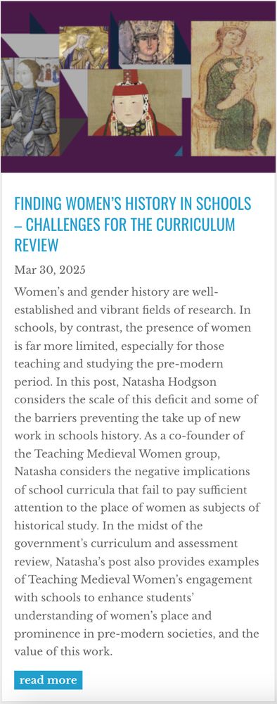 Opening page for Natasha Hodgson's new RHS blog post 'Finding Women's History in Schools - challenges for the curriculum review'.