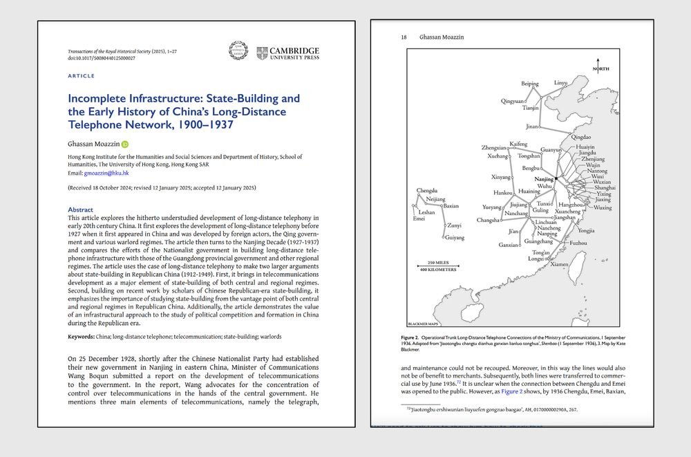 Front page of new Transactions article by Ghassan Moazzin, entitled: 'Incomplete Infrastructure: State-Building and the Early History of China’s Long-Distance Telephone Network, 1900–1937', and a map of telephone networks from 1936 from the article.
