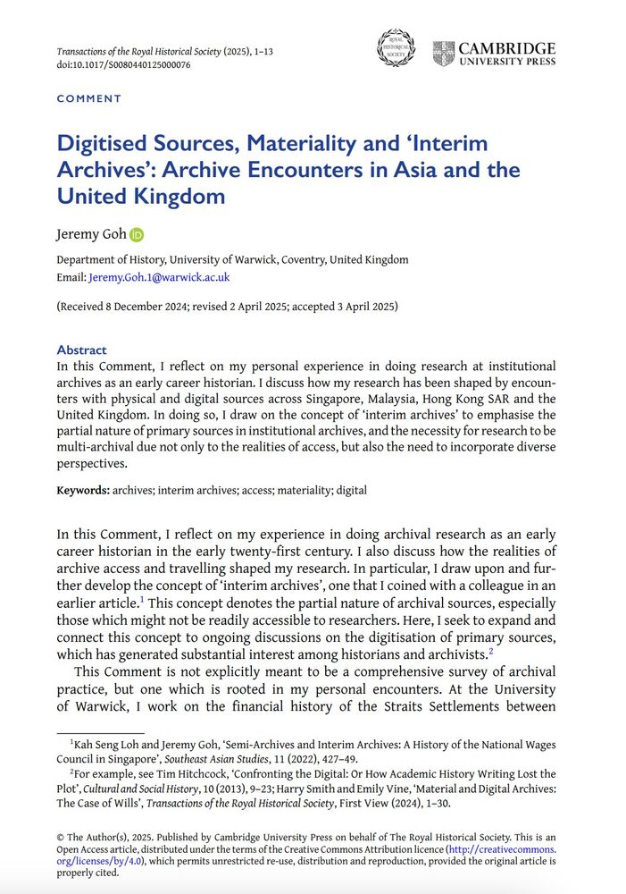 Opening page of Jeremy Goh's Transactions article: 'Digitised Sources, Materiality and ‘Interim Archives’: Archive Encounters in Asia and the United Kingdom'