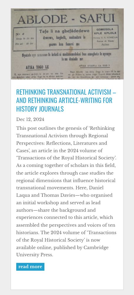 Cover page for RHS blog: 'Rethinking transnational activism and rethinking article-writing for history journals'