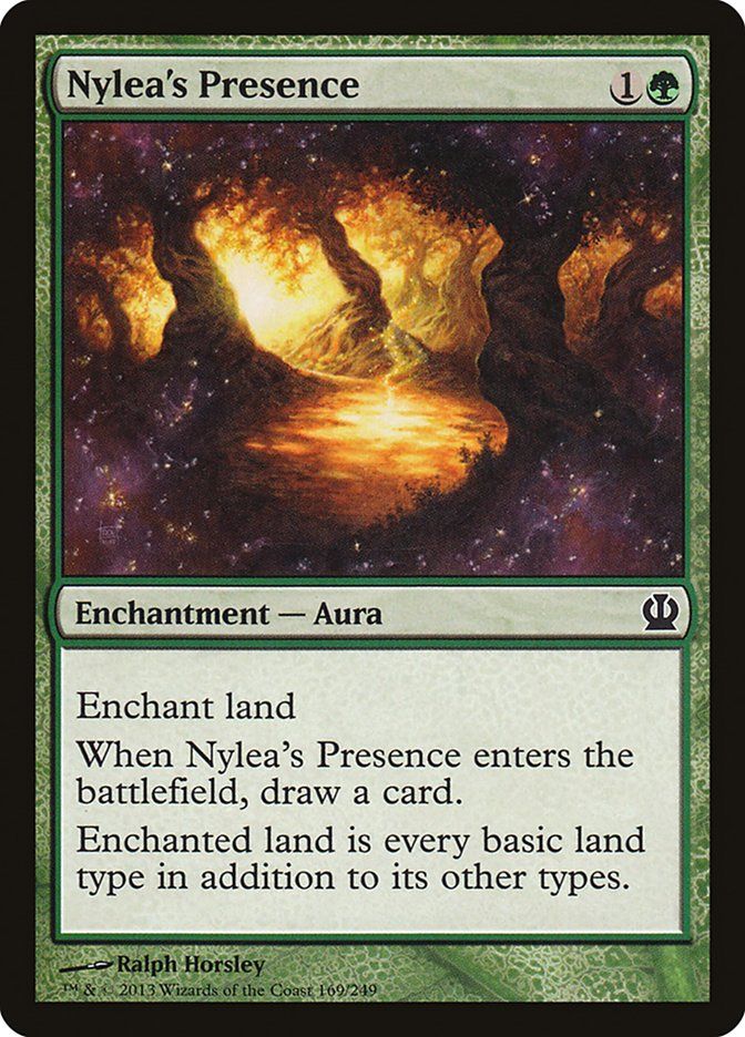  Nylea's Presence {1}{G}

Enchantment — Aura

Enchant land

When this Aura enters, draw a card.

Enchanted land is every basic land type in addition to its other types.

Illustrated by Ralph Horsley 