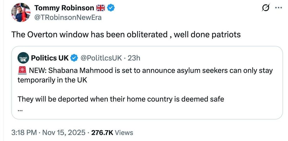 Tommy Robinson xeet celebrating 'The Overton window has been obliterated , well done patriots'