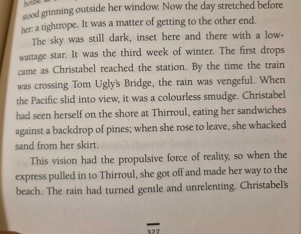 Passage from Michelle de Kretser's 'The Life to Come' about a train crossing Tom Uglys Bridge (a vehicle bridge that doesn't have train tracks)