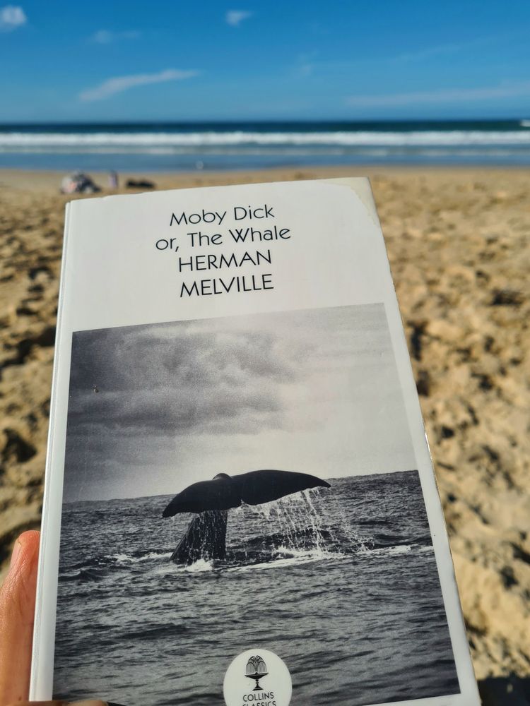 Copy of the novel Moby Dick at the beach, whales are just out of frame beneath the sea