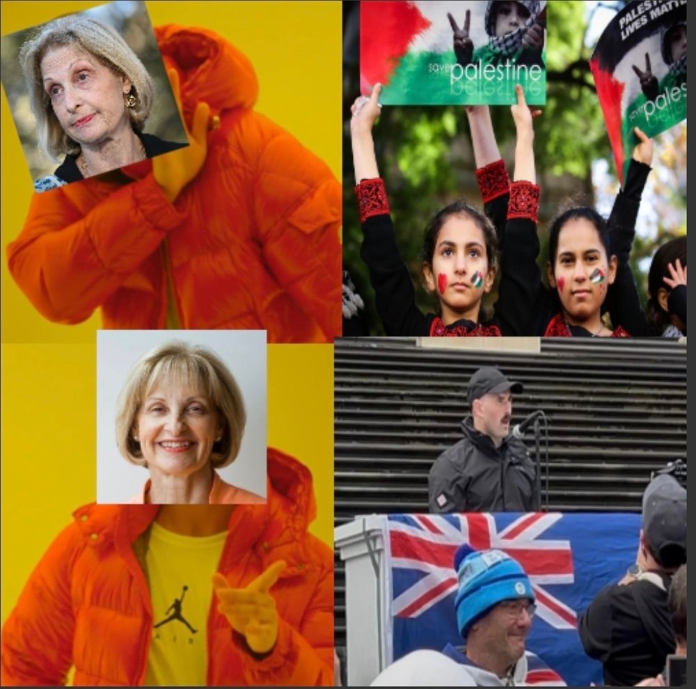 Hotline bling meme but it's Jillian Segal not enjoying children protesting for Palestine then not seeming particularly upset by a literal neo-nazi speeching against migrants