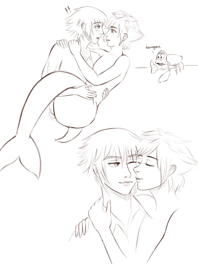 3 separate doodles of a flustered Riku carrying merman Sora, Sebastian, from The Little Mermaid, resting his face on his claw, is watching them flirt and saying “teenagers”, and Sora kissing Riku on the cheek. 