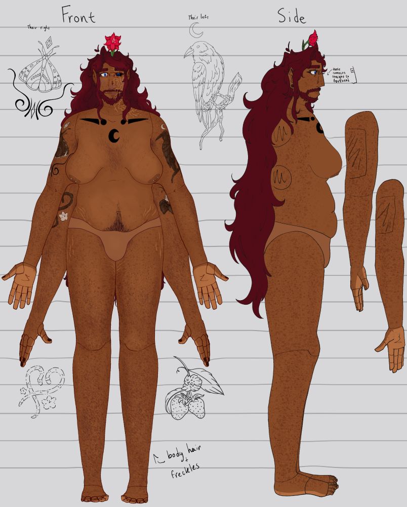 Updated reference page for character Johnny - a tall feminine presenting person with 4 arms, heavy-set, tan skin with tattoos and freckles, a lightning-strike-shaped scar on the left (your right) side of their face, long dark red hair, blue eyes, and a red amaryllis flower on the top of their head