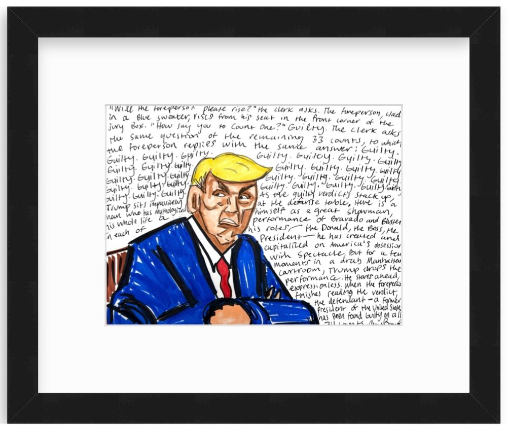 A color sketch of an angry-looking Donald Trump, with the background filled with handwritten text, a report of Trump being found guilty