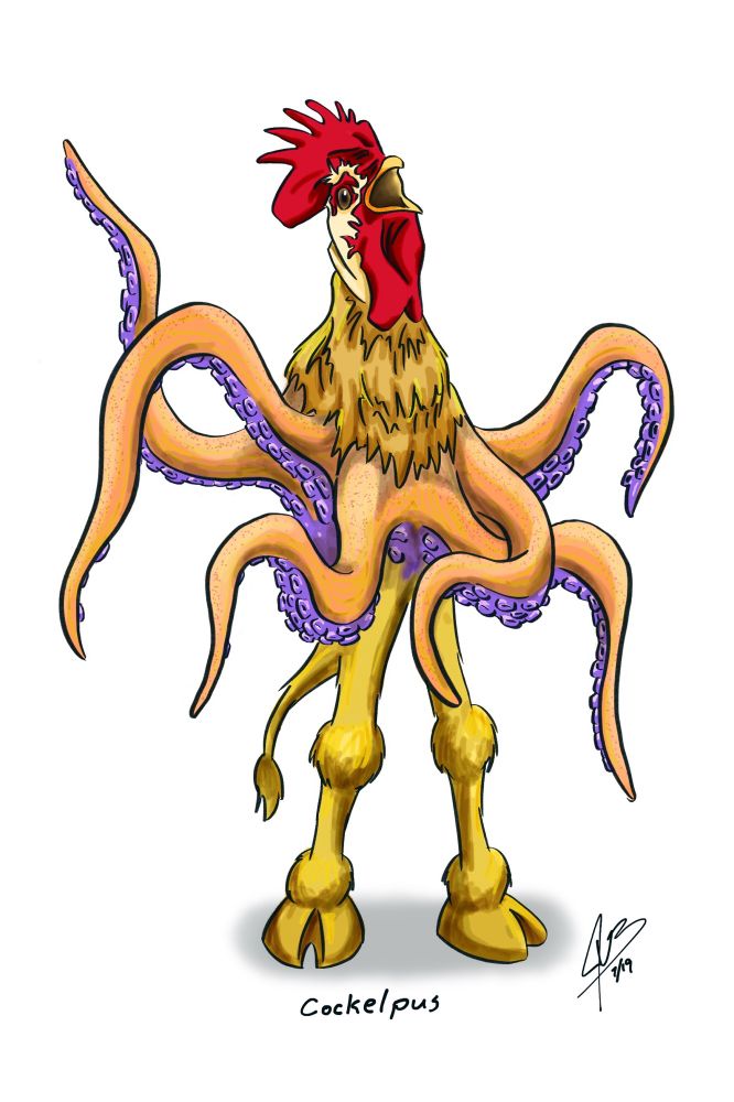 A drawing of a “cockelpus.” It features the crowing head of a rooster, 6 octopus tentacles, and two camel legs a camel tail.