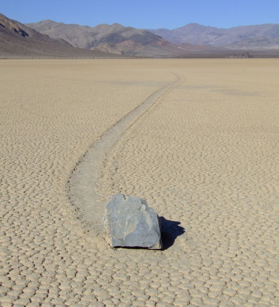 A 'sailing stone', a phenomenon occurring in deserts where a rock is moved without human or animal intervention