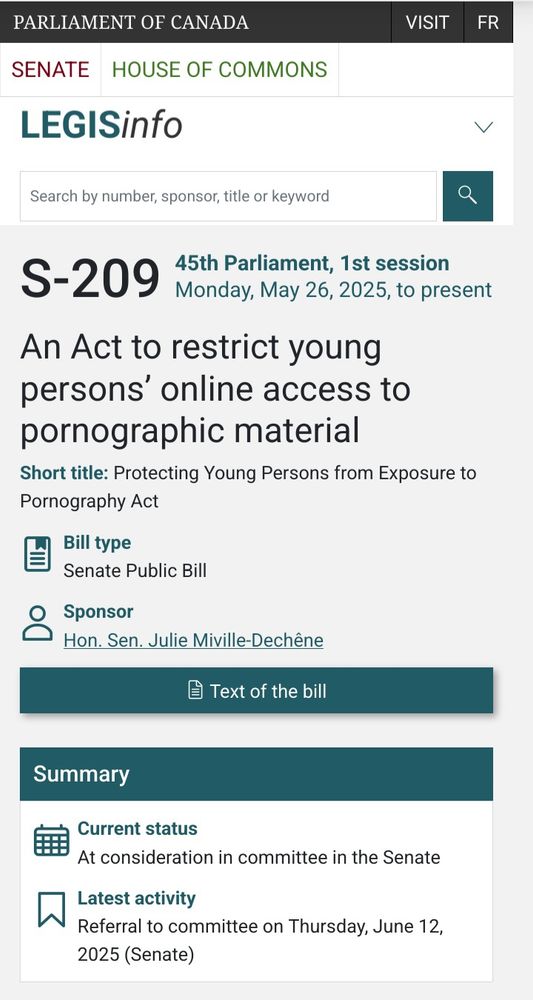 S-209
An Act to restrict young persons' online access to pornographic material
Short title: Protecting Young Persons from Exposure to Pornography Act