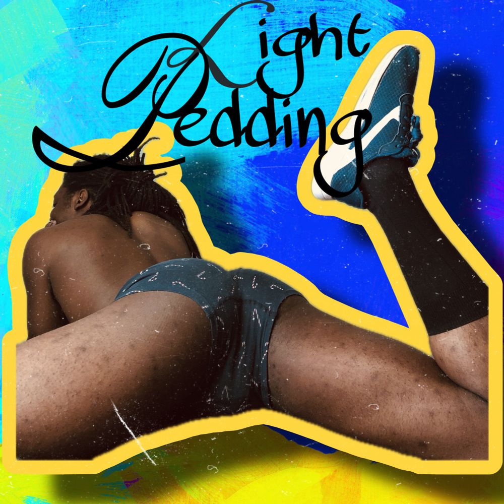Light Pedding, a trans content creator on Bluesky is laying on their stomach posed away from the camera in a risqué selfie shot that’s been edited to become a branded photo. Their black socks contrast the navy blue sneakers and candy cane boxers they are wearing. The model is also highlighted in yellow as part of the edit, and the background is a gradient of royal, teal, and turquoise blue as well as yellow, and “Light Pedding” is in black handwritten script. 