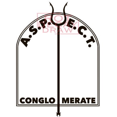 an upright bident in an arch. at the top is the word ASPECT and the bottom reads CONGLOMERATE, both words split in half by the bident.